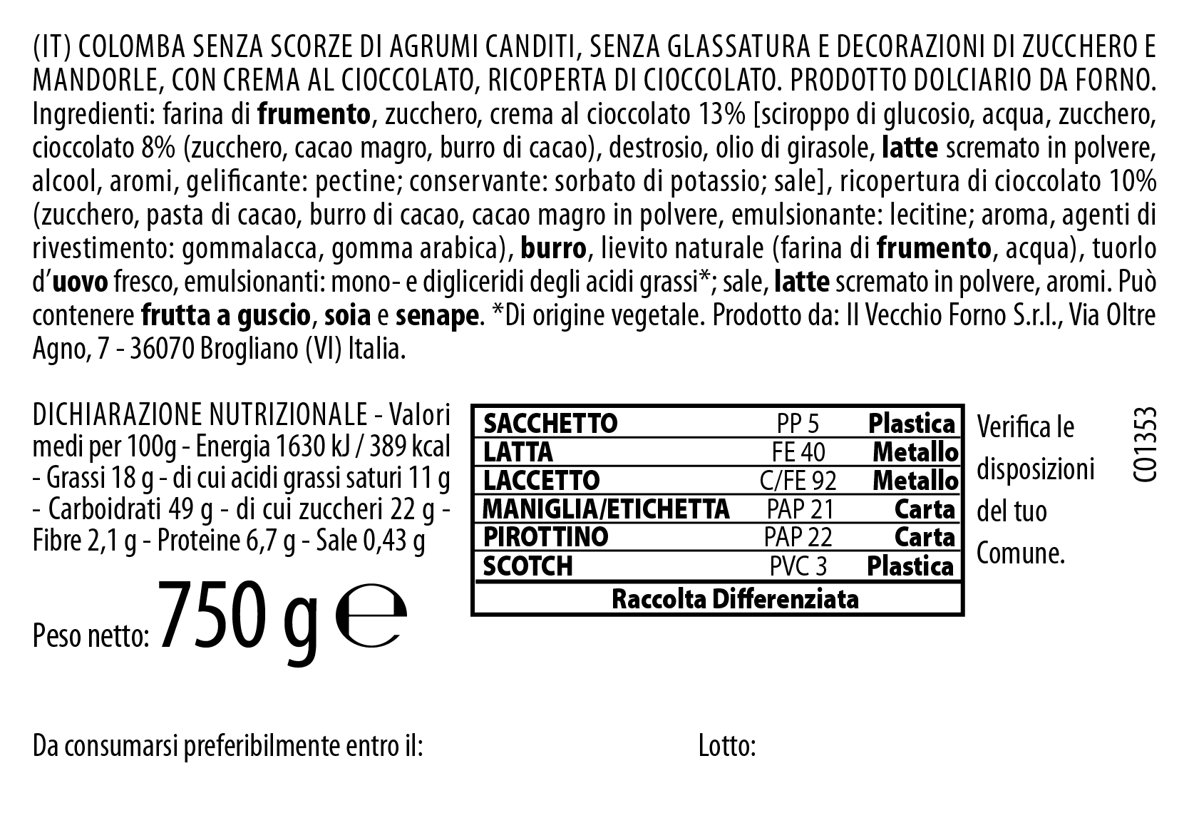 Ingredienti Colomba Cioccolato Pasqua 2026